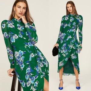 Yumi Kim Beverly Dress M Tully Garden Emerald Floral High Neck Sheer Ruffle